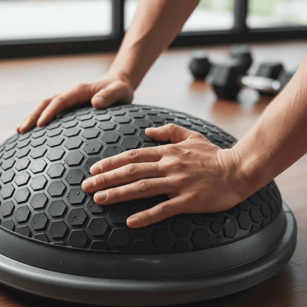 Close-up of hands gripping a balance trainer surface demonstrating quality and grip