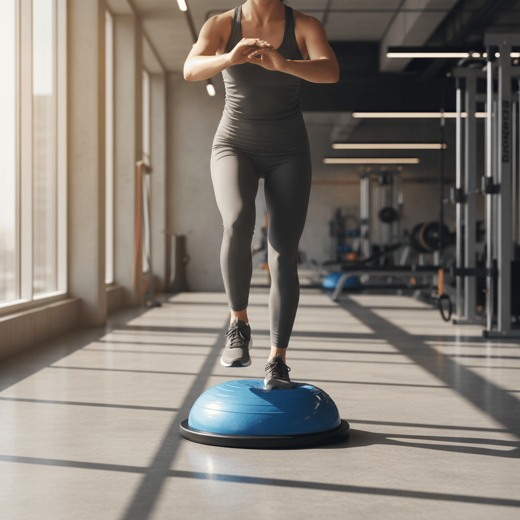 Person demonstrating proper balance on a balance trainer with engaged posture