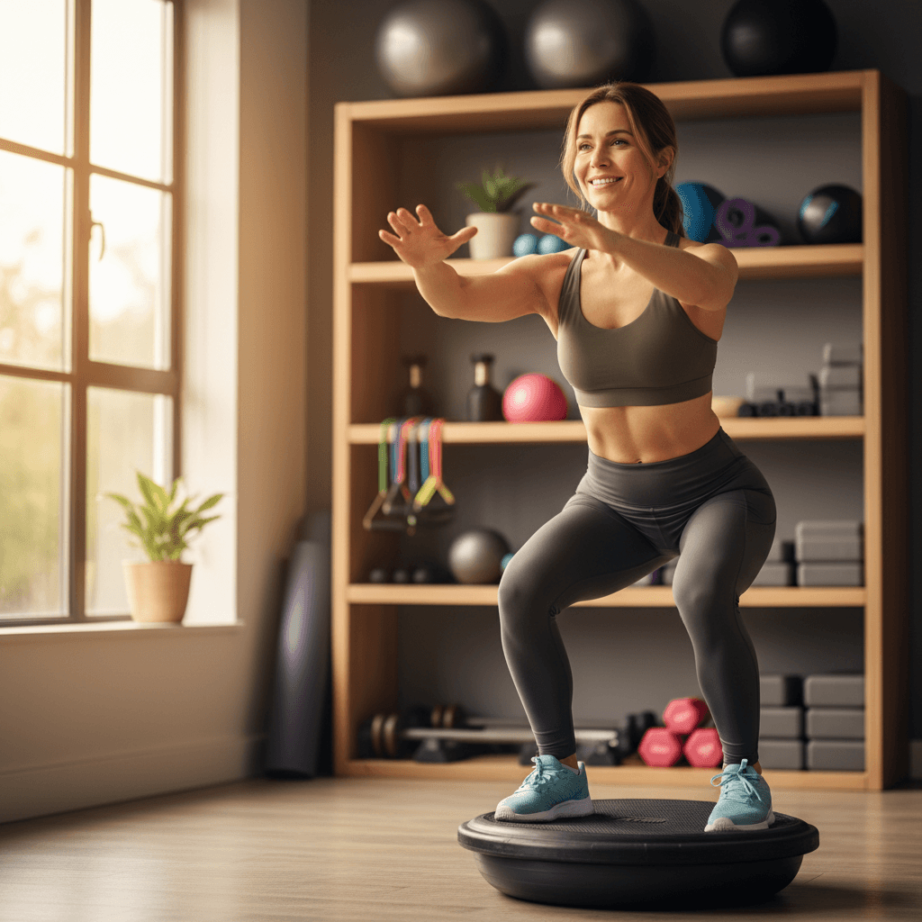 Woman demonstrating dynamic balance training movement with proper form
