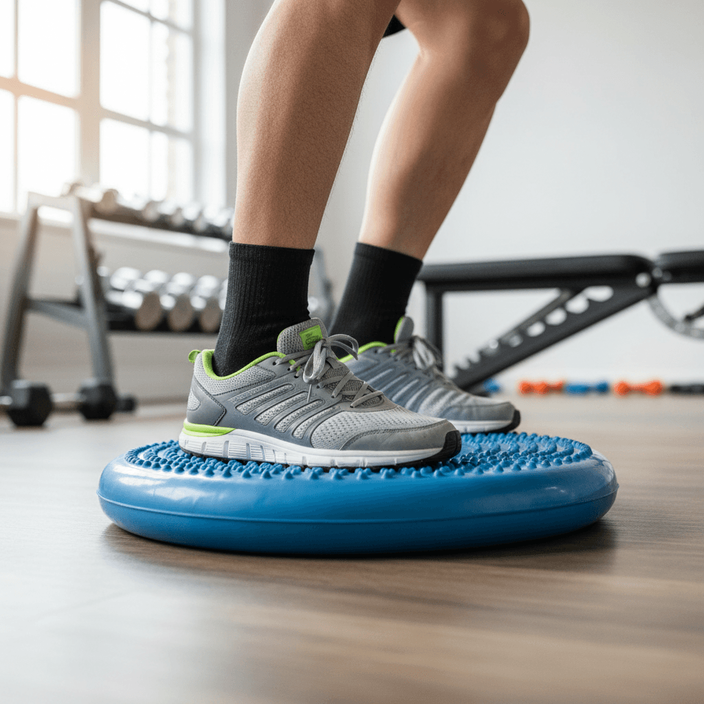 Close-up of feet positioned on textured balance trainer disc