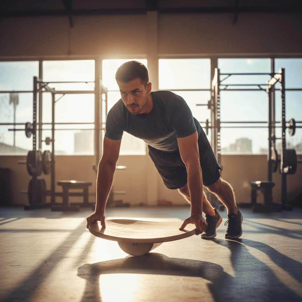 Man performing core stability exercise on wobble board