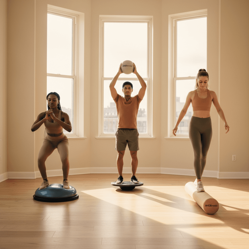 Multiple users demonstrating different balance training equipment simultaneously