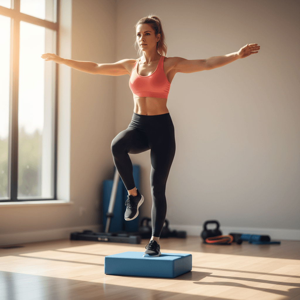 Woman performing single-leg balance exercise on foam balance trainer