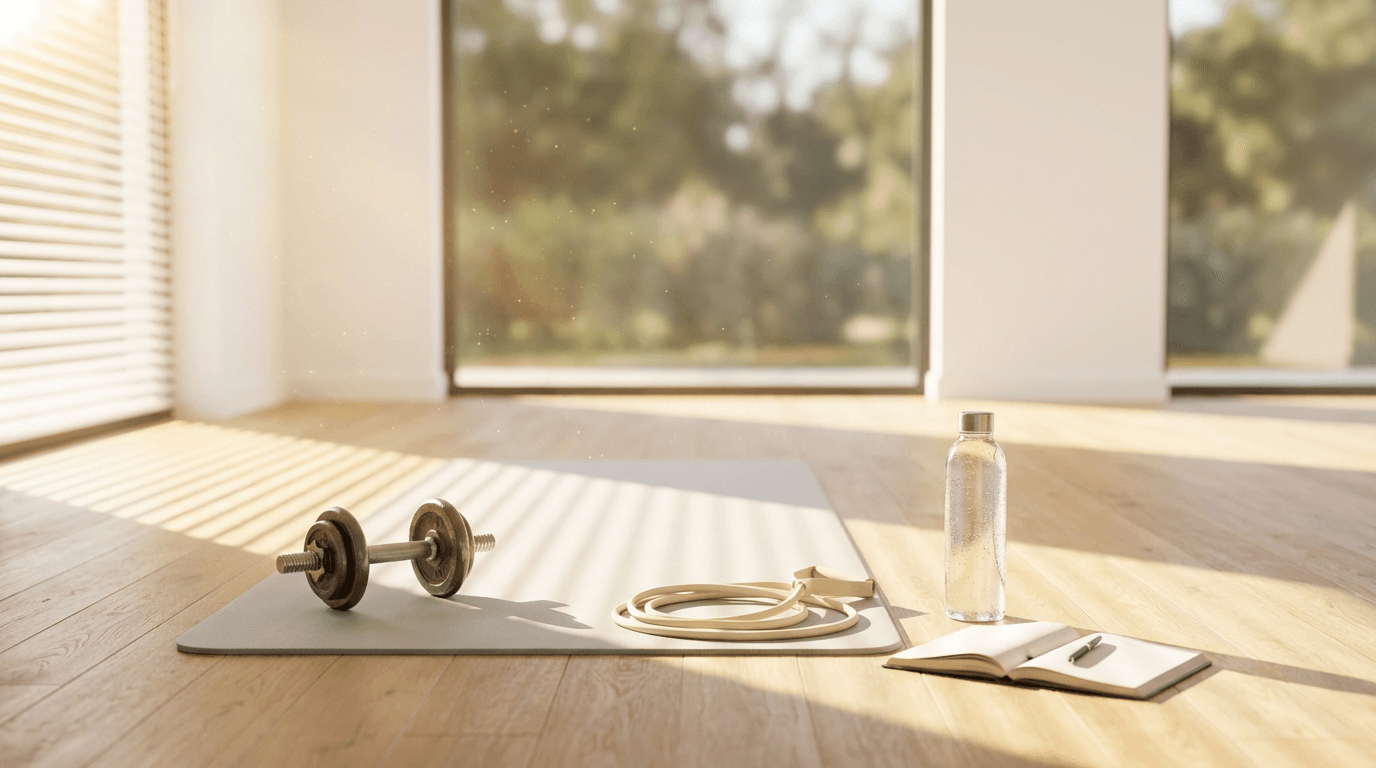 Person performing balance training exercise on a balance trainer in a modern home gym with natural lighting